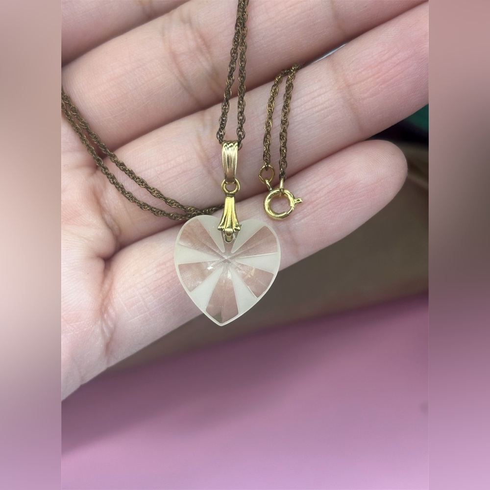 Gold Filled Frosted Crystal Heart Necklace – Faceted Starburst Prism Pendant 18” - Picture 4 of 4